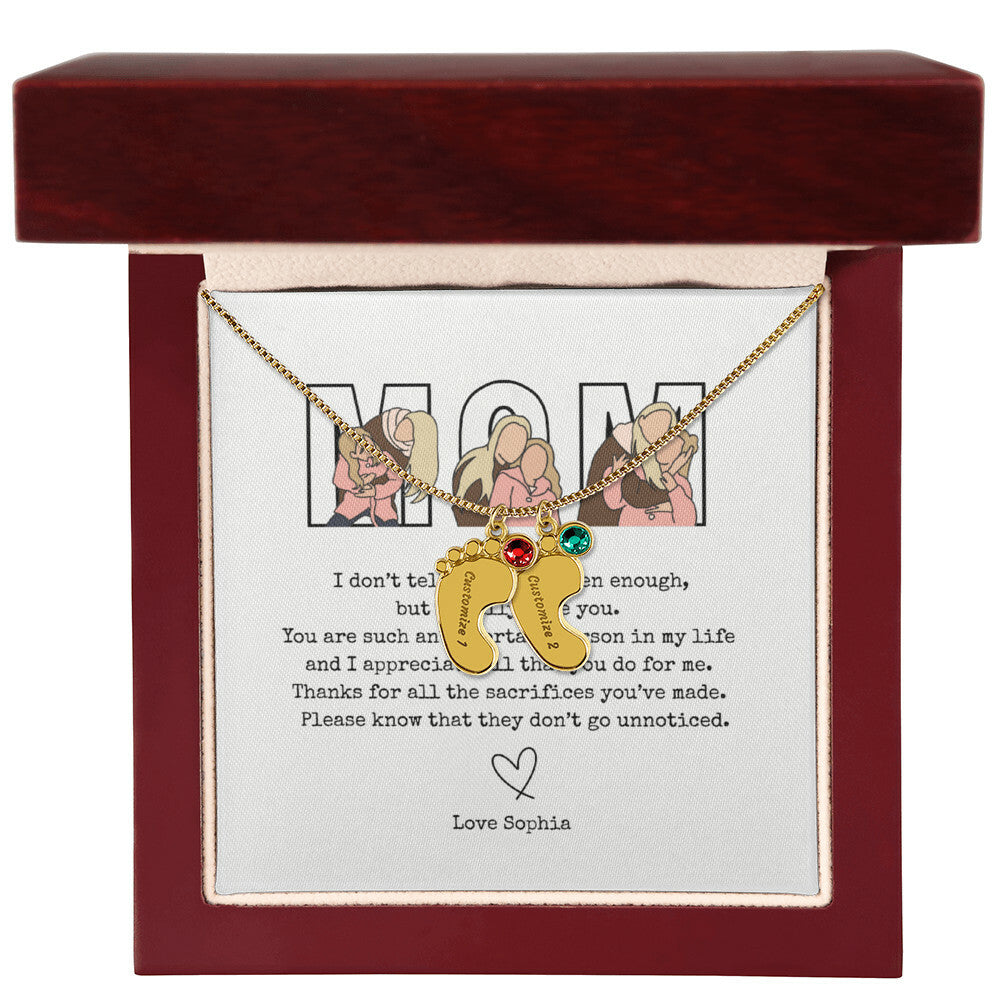 Personalized Mom Engraved Baby Feet Necklace with Birthstone