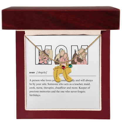 Custom Mom Engraved Baby Feet Necklace with Birthstone