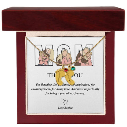 Personalized Thank You Mom  Engraved Baby Feet Necklace with Birthstone