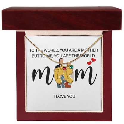 Personalized Mom I Love You  Engraved Baby Feet Necklace with Birthstone