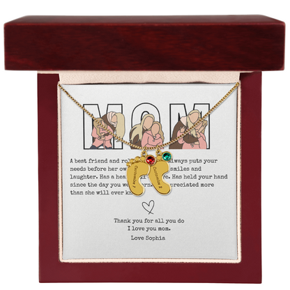 Personalized Mom Engraved Baby Feet Necklace with Birthstone