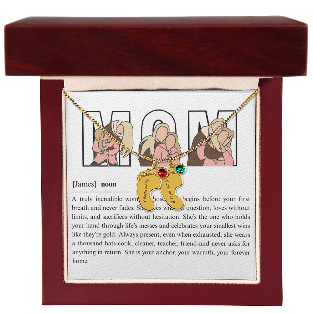 Personalized Mom Engraved Baby Feet Necklace with Birthstone