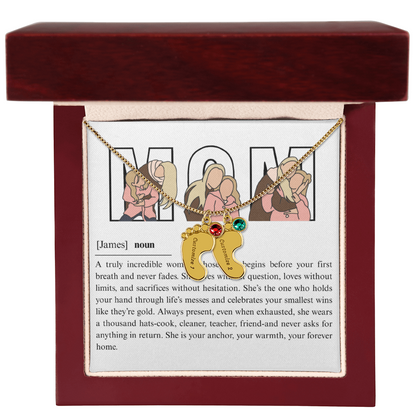 Personalized Mom Engraved Baby Feet Necklace with Birthstone