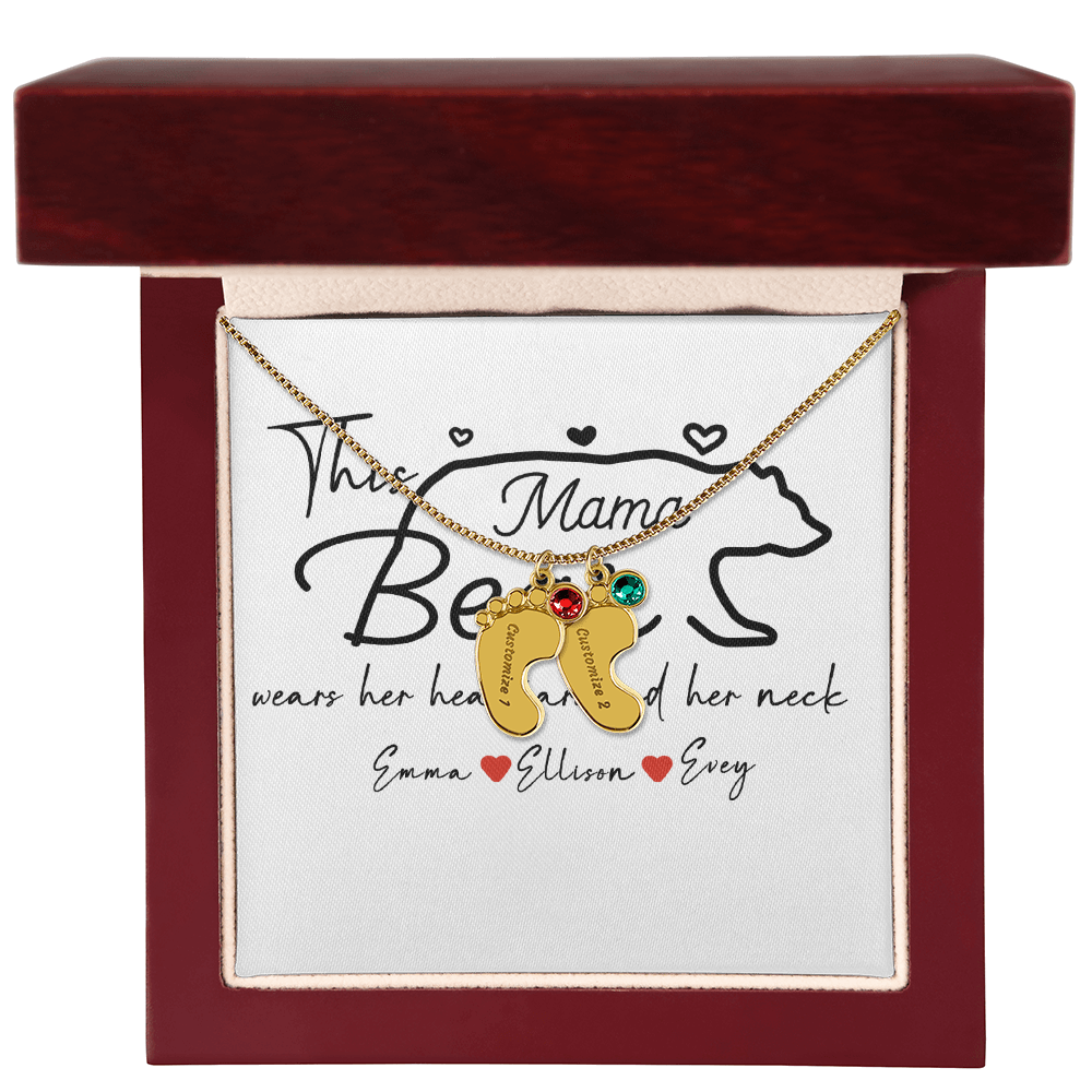 Personalized Mama Bear Engraved Baby Feet Necklace with Birthstone
