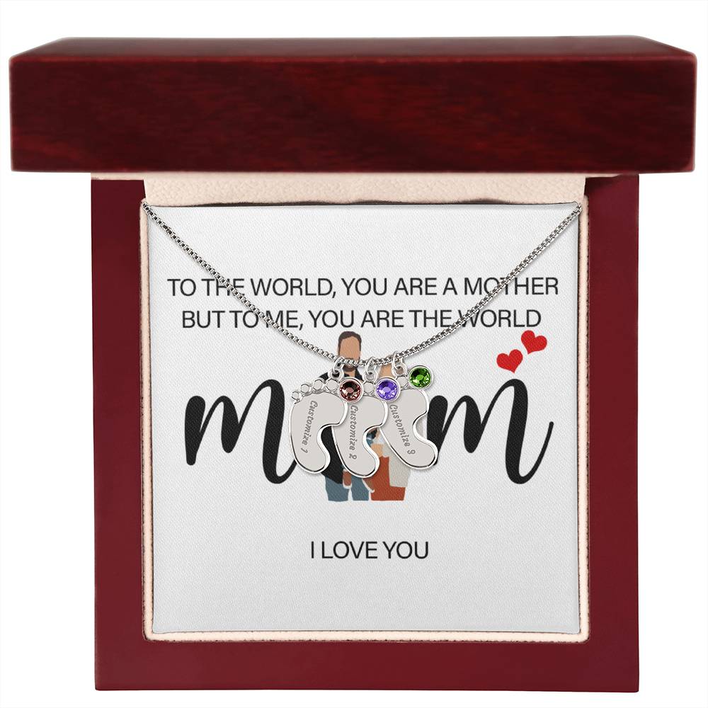 Personalized Mom I Love You  Engraved Baby Feet Necklace with Birthstone