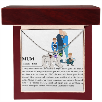 Personalized Mum Engraved Baby Feet Necklace with Birthstone