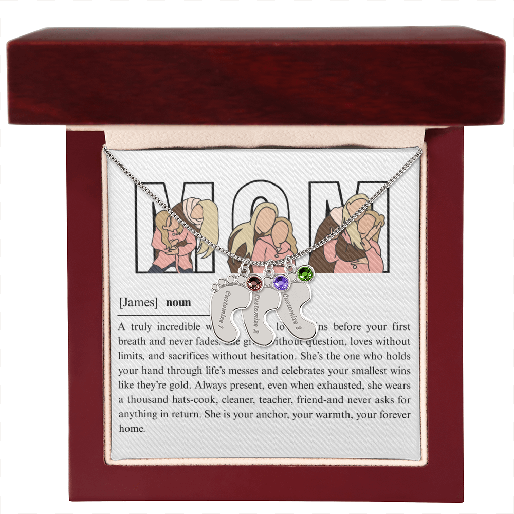Personalized Mom Engraved Baby Feet Necklace with Birthstone