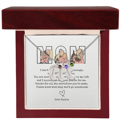 Personalized Mom Engraved Baby Feet Necklace with Birthstone
