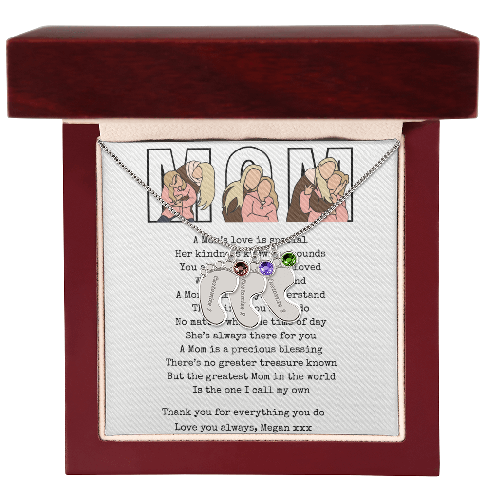 Personalized Mom Engraved Baby Feet Necklace with Birthstone