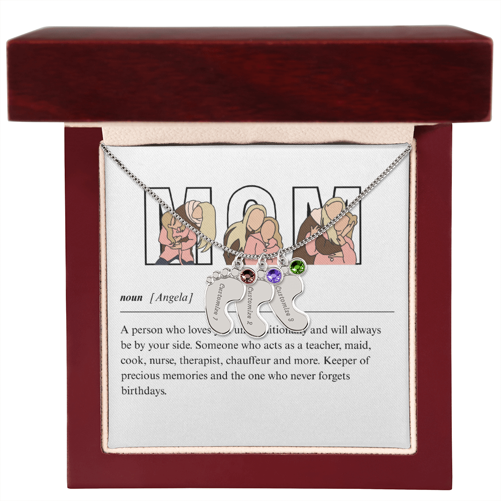 Custom Mom Engraved Baby Feet Necklace with Birthstone