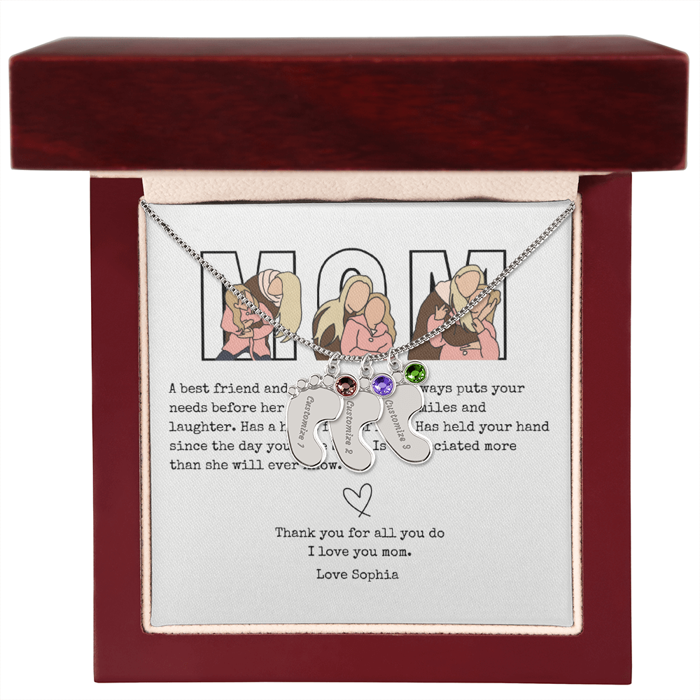 Personalized Mom Engraved Baby Feet Necklace with Birthstone