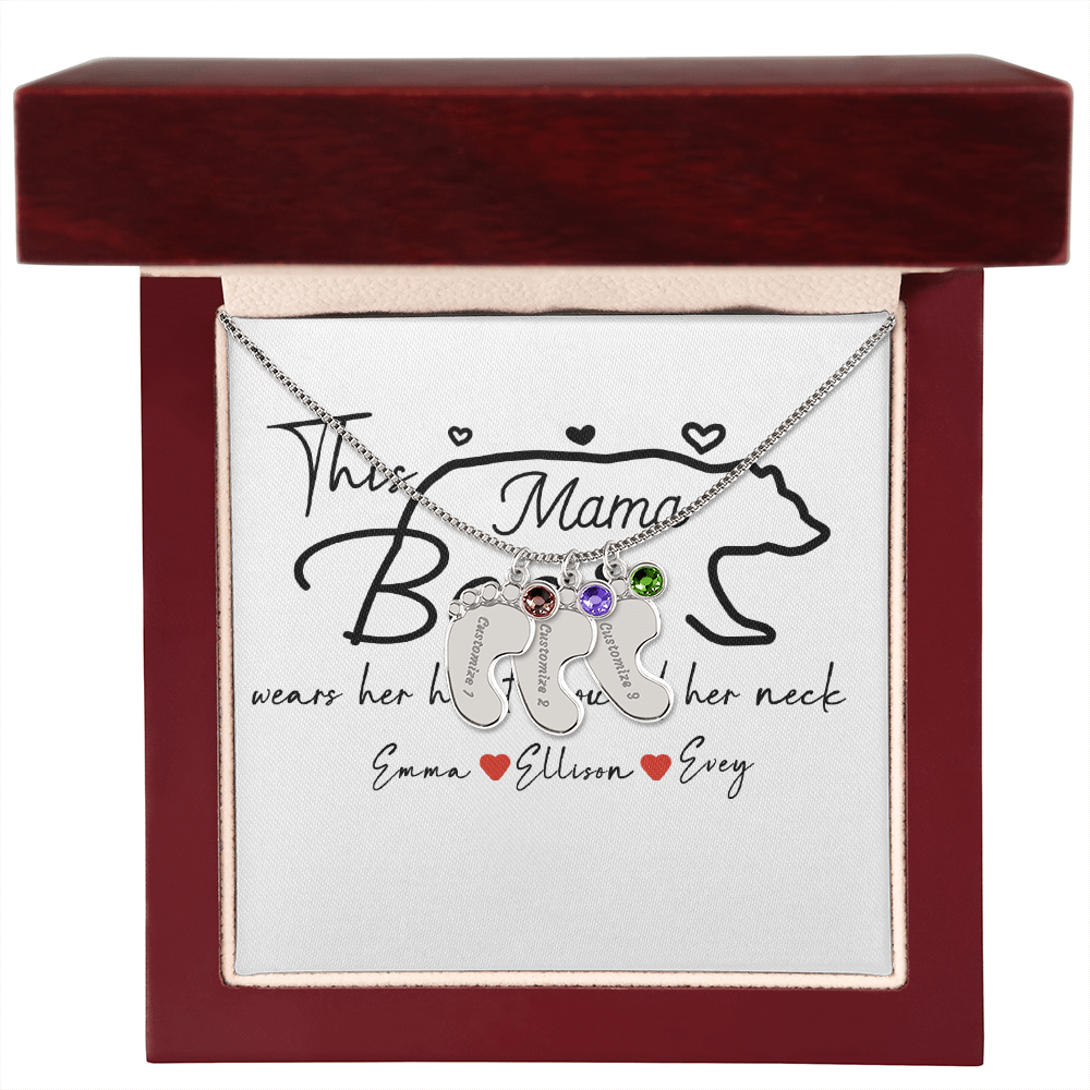 Personalized Mama Bear Engraved Baby Feet Necklace with Birthstone