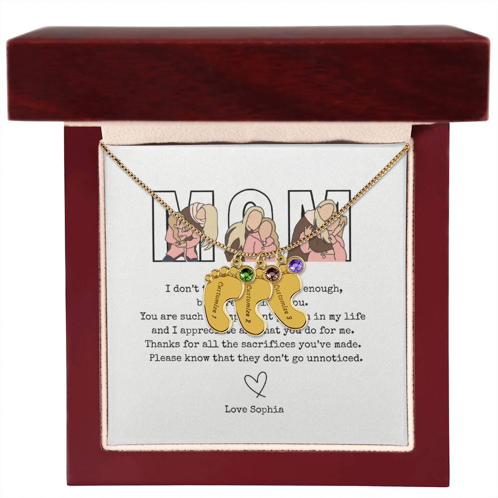Personalized Mom Engraved Baby Feet Necklace with Birthstone