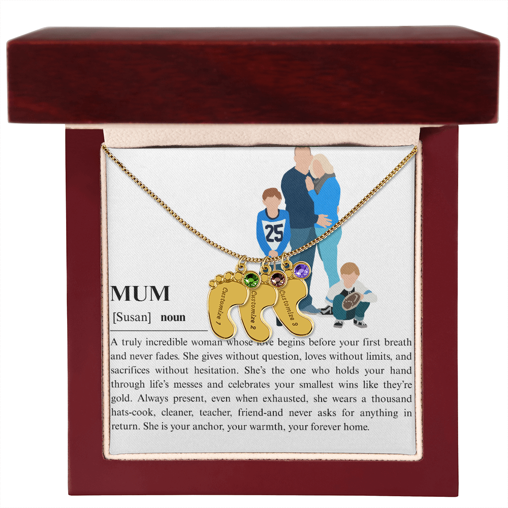 Personalized Mum Engraved Baby Feet Necklace with Birthstone