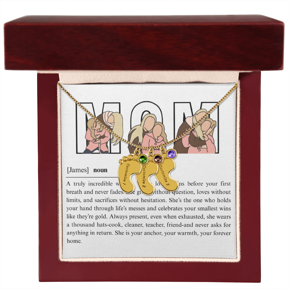 Personalized Mom Engraved Baby Feet Necklace with Birthstone