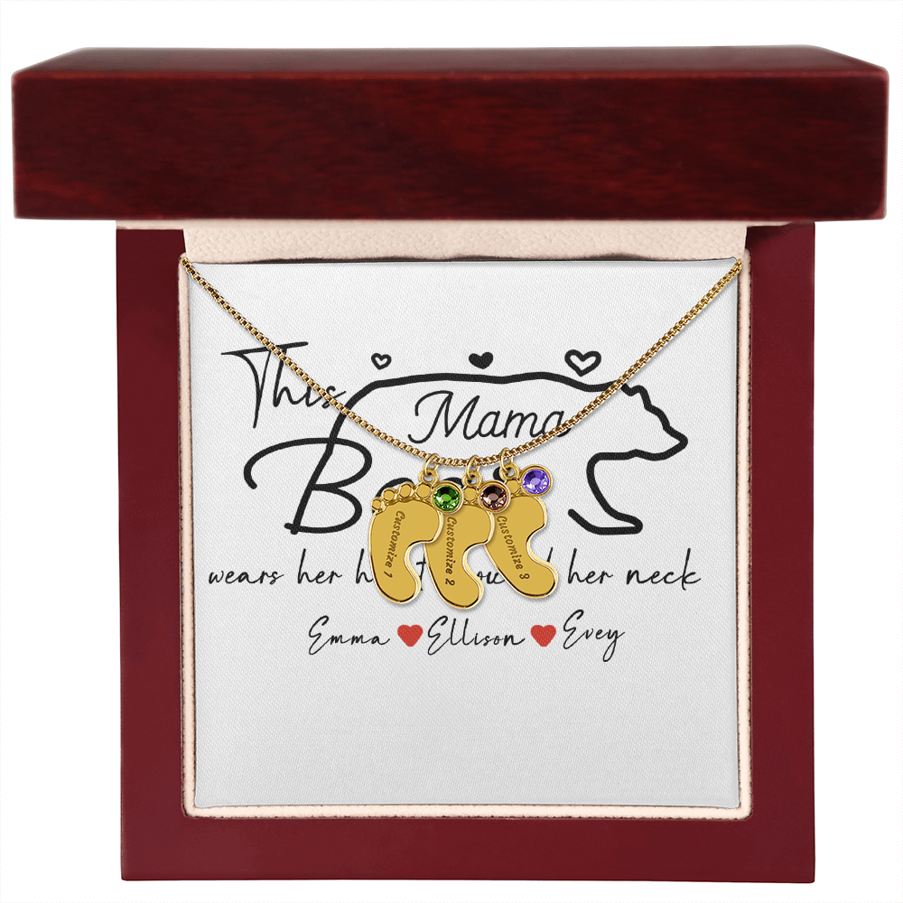 Personalized Mama Bear Engraved Baby Feet Necklace with Birthstone