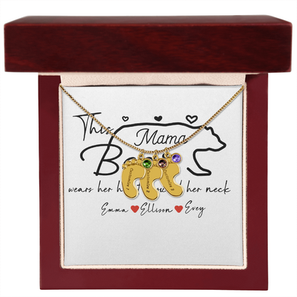 Personalized Mama Bear Engraved Baby Feet Necklace with Birthstone