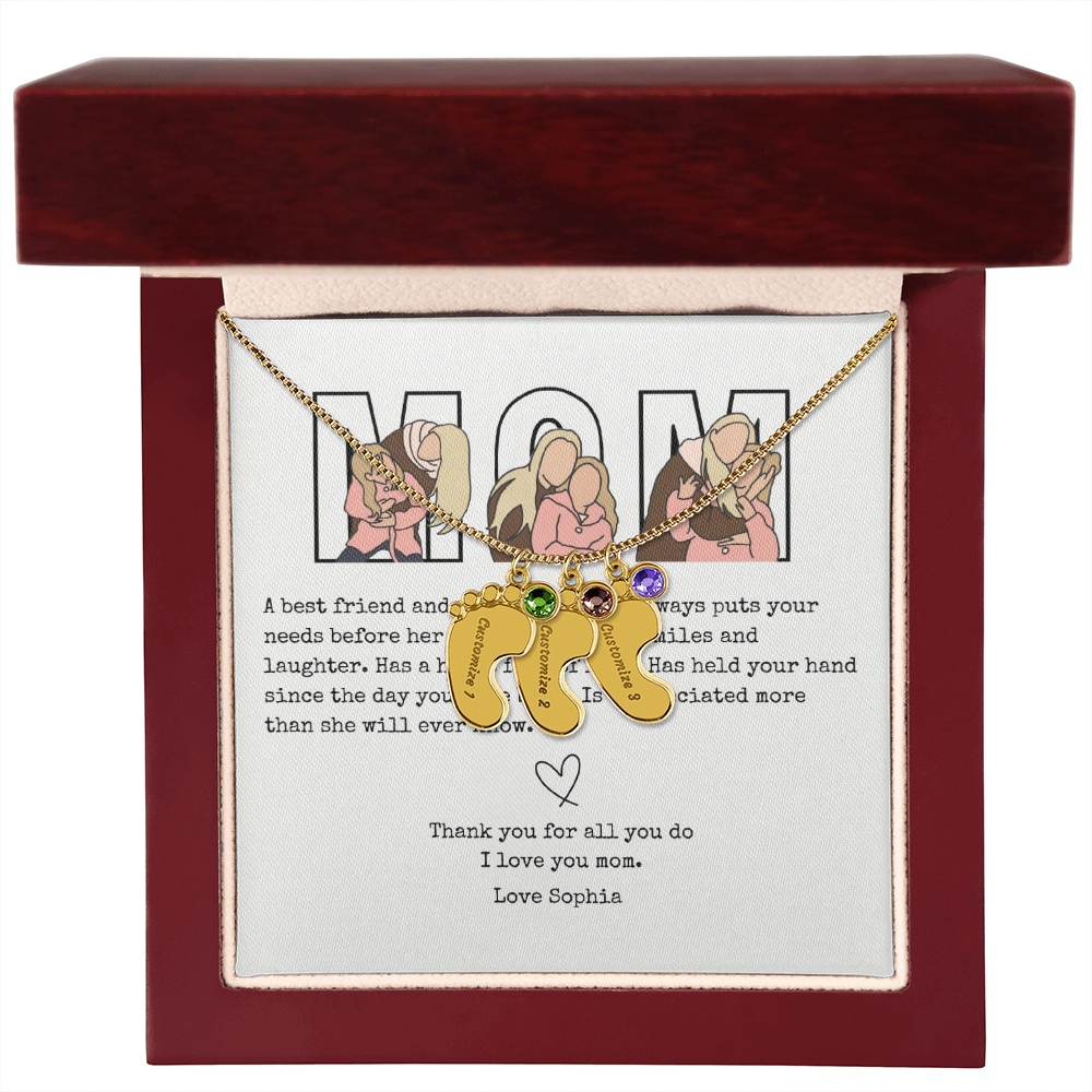Personalized Mom Engraved Baby Feet Necklace with Birthstone