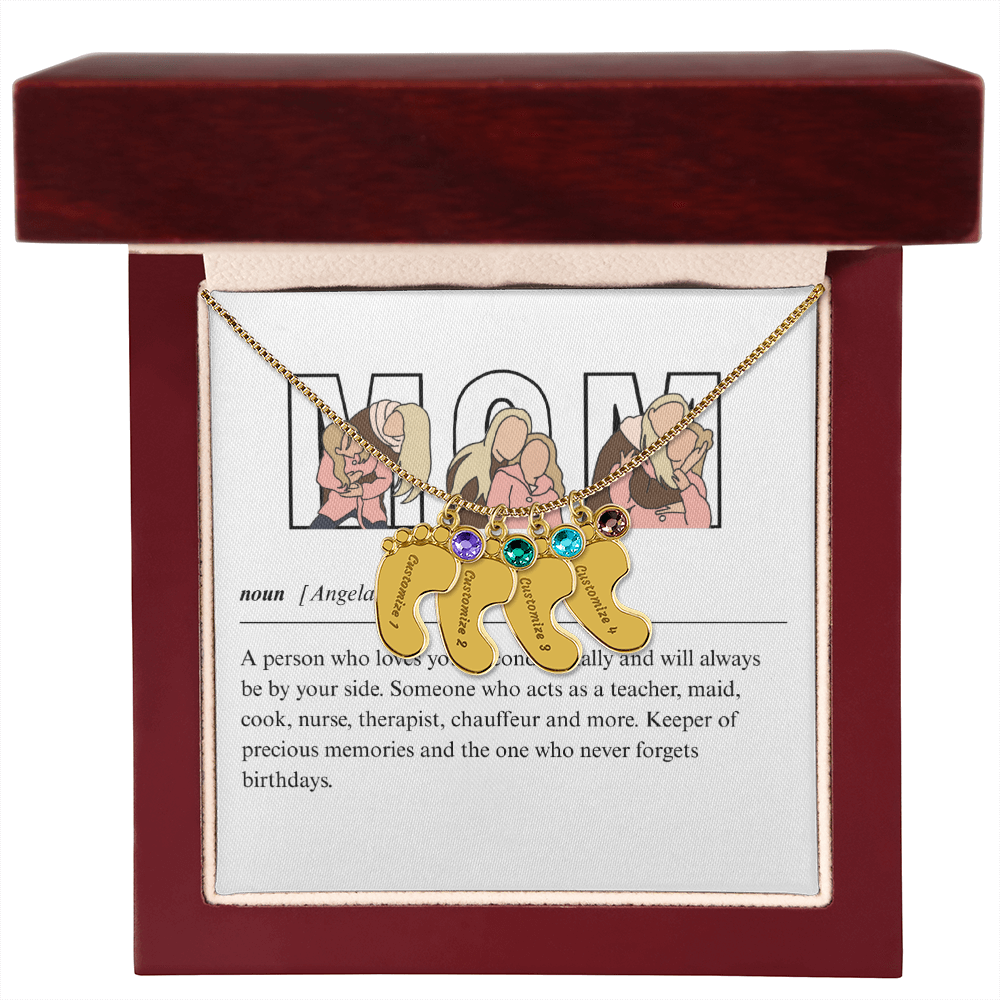 Custom Mom Engraved Baby Feet Necklace with Birthstone