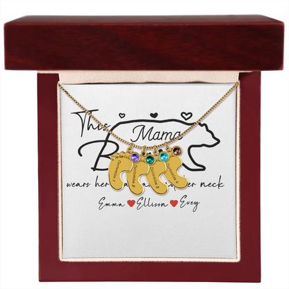 Personalized Mama Bear Engraved Baby Feet Necklace with Birthstone