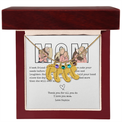 Personalized Mom Engraved Baby Feet Necklace with Birthstone