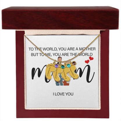 Personalized Mom I Love You  Engraved Baby Feet Necklace with Birthstone