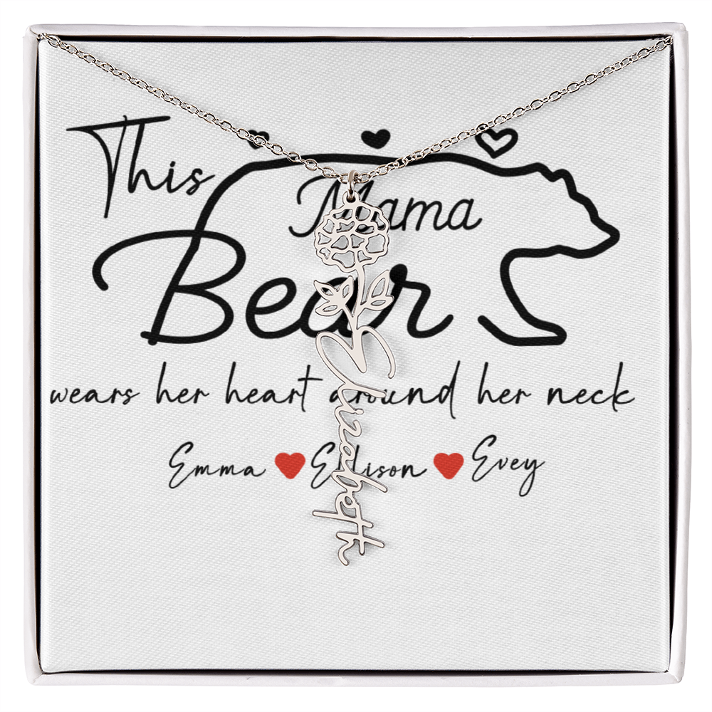 Personalized Mama Bear Flower Name Necklace
