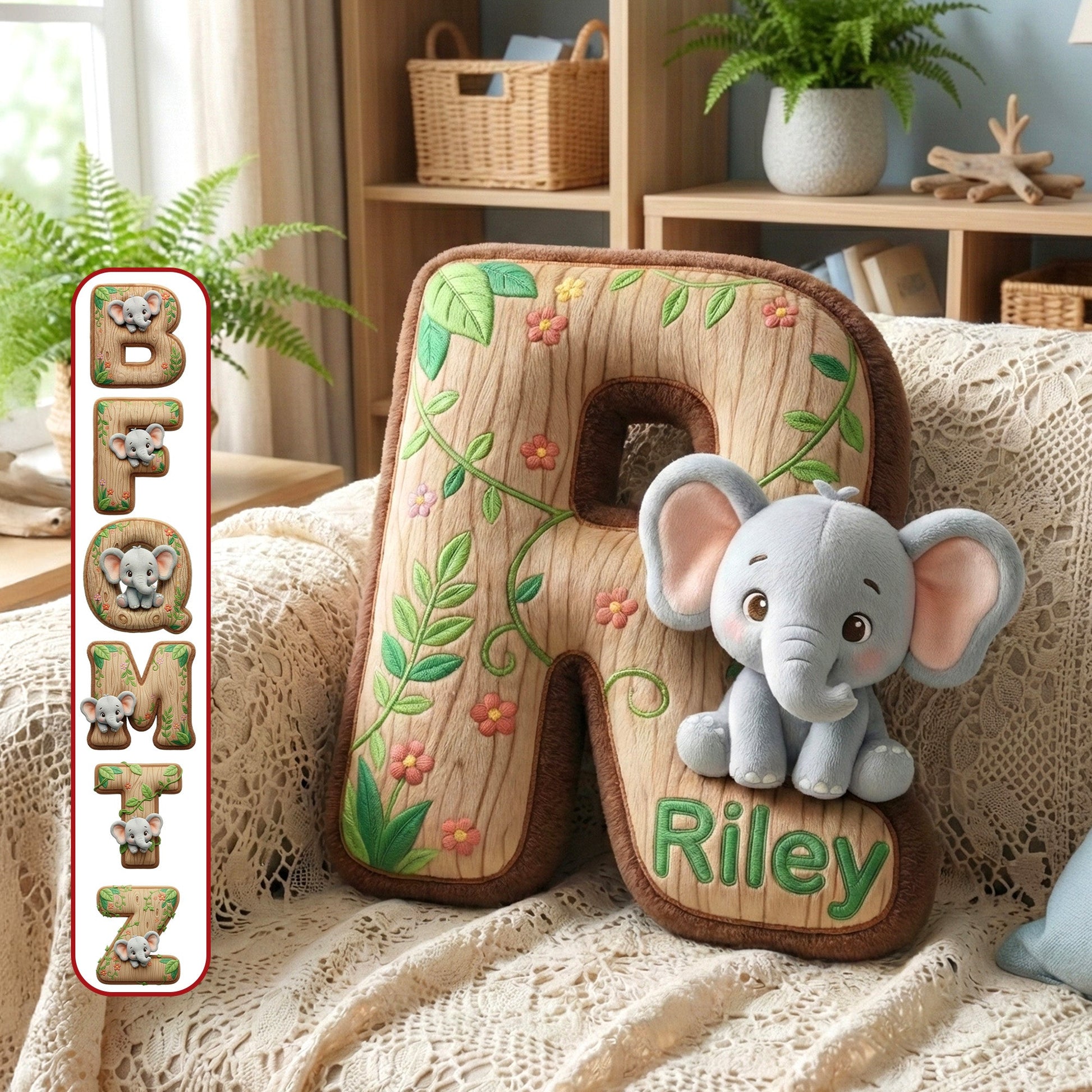 “Bring the Jungle Home” - Elephant Alphabet Letters Pillow - Personalized Gifts for Elephant Lovers Pillow PopCulturePrints
