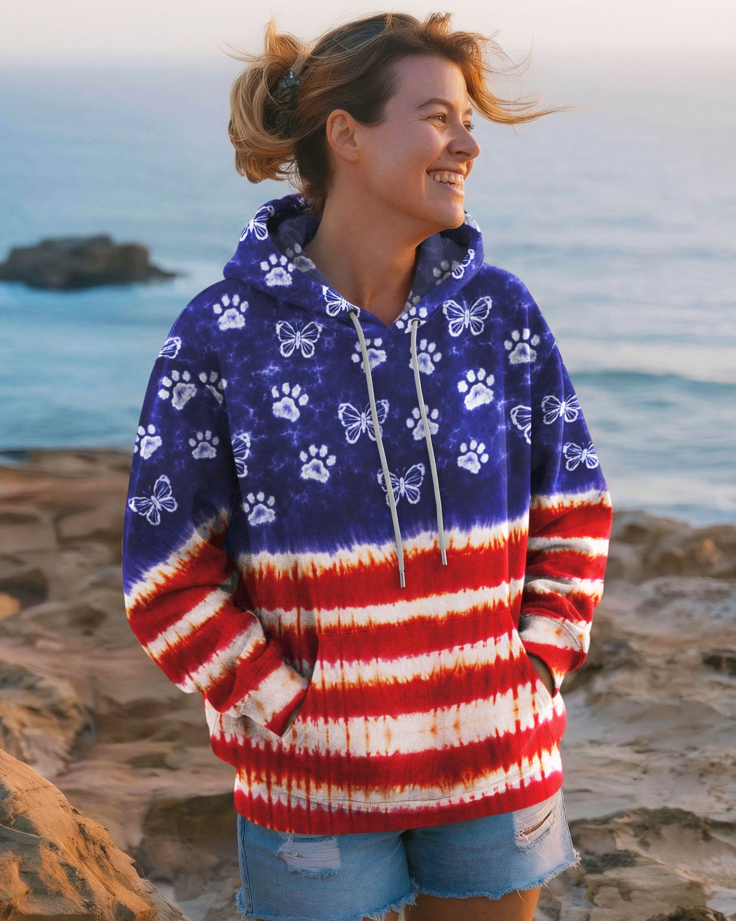 PAW PRINT BUTTERFLY RED WHITE & BLUE SWIRL ALL OVER PRINT - TLNO0304261