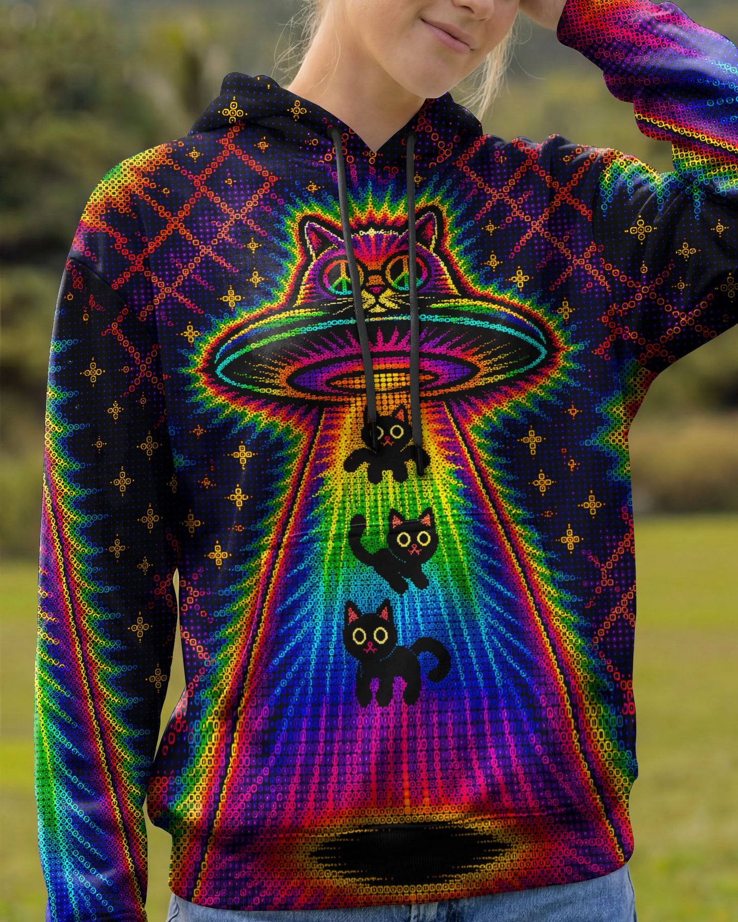 COSMIC CAT ABDUCTION PSYCHEDELIC RAINBOW BEAM ALL OVER PRINT - KMTM0805261