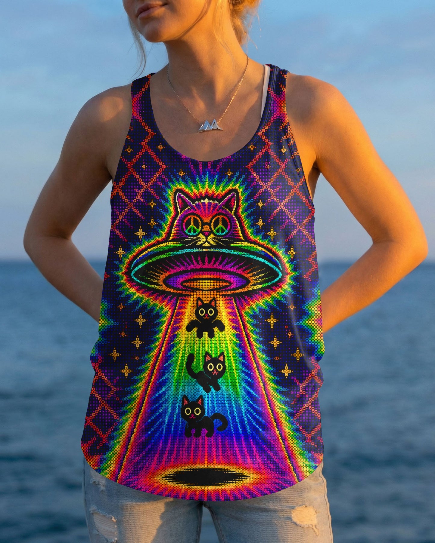 COSMIC CAT ABDUCTION PSYCHEDELIC RAINBOW BEAM ALL OVER PRINT - KMTM0805261