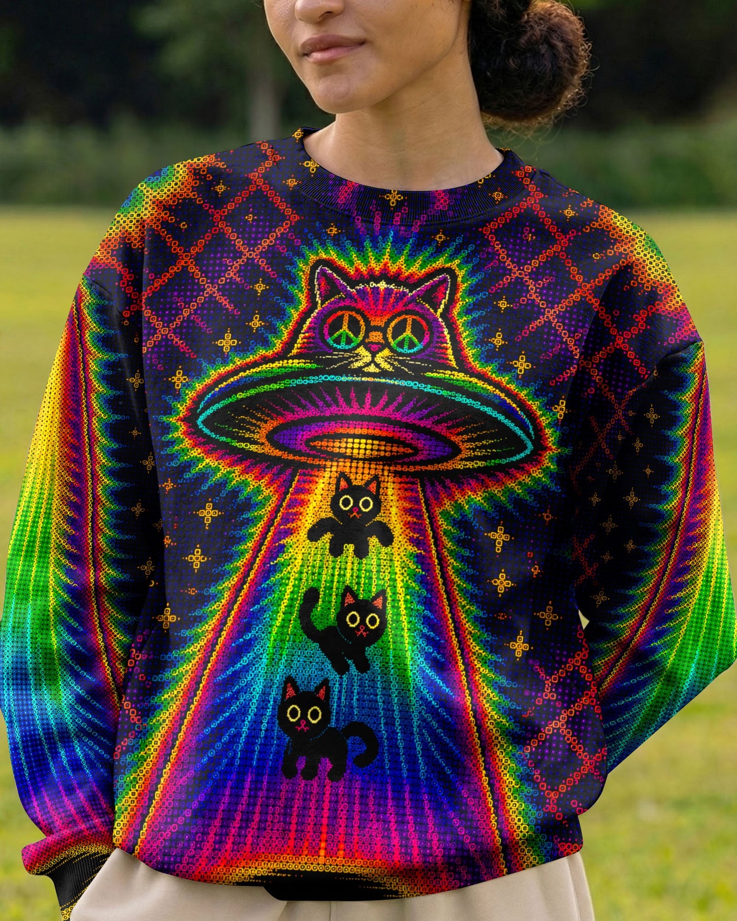 COSMIC CAT ABDUCTION PSYCHEDELIC RAINBOW BEAM ALL OVER PRINT - KMTM0805261