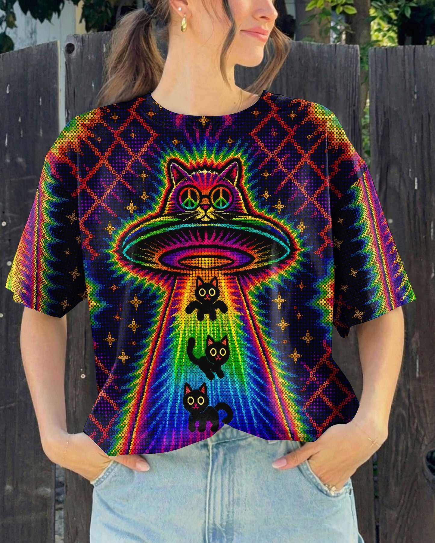 COSMIC CAT ABDUCTION PSYCHEDELIC RAINBOW BEAM ALL OVER PRINT - KMTM0805261