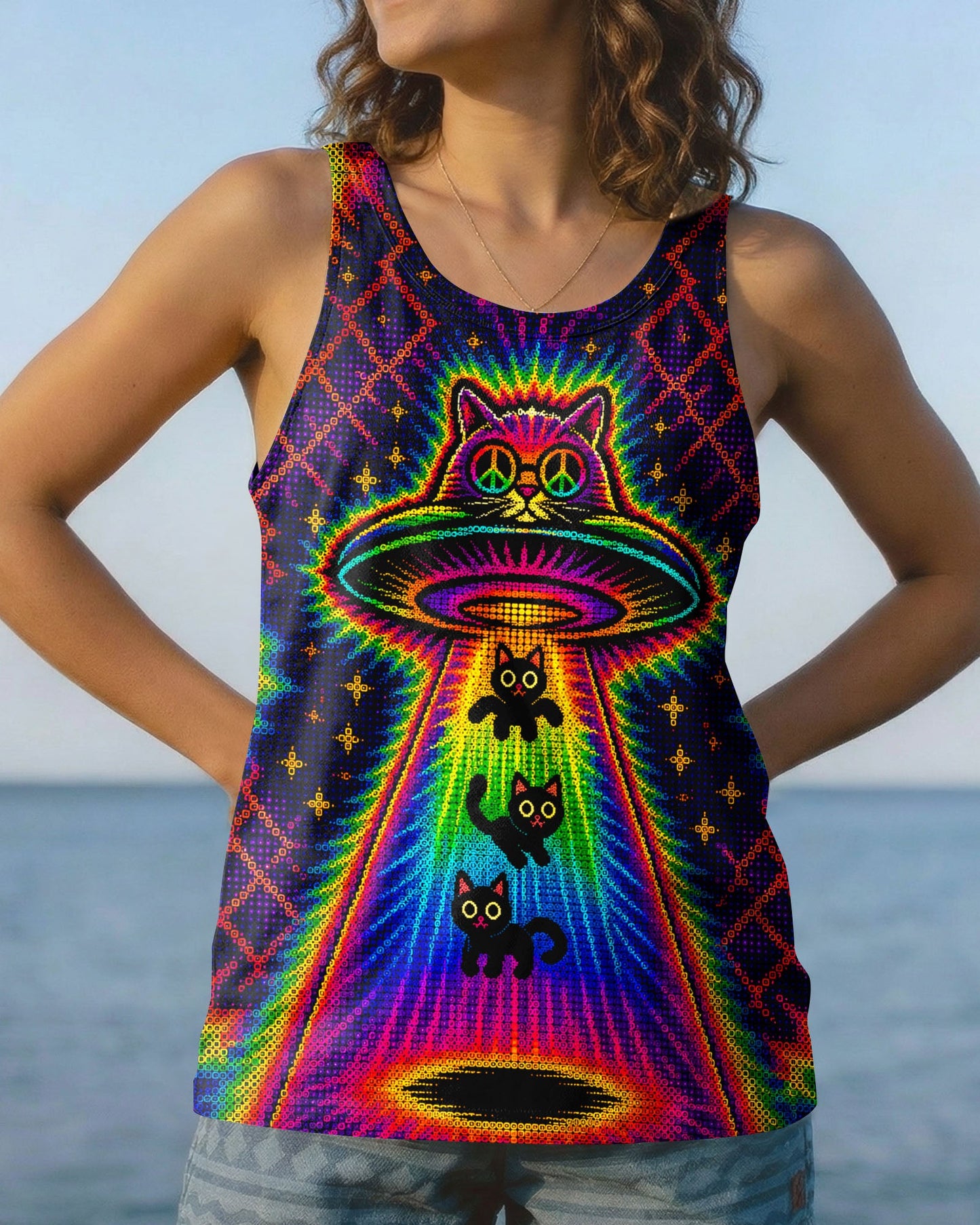 COSMIC CAT ABDUCTION PSYCHEDELIC RAINBOW BEAM ALL OVER PRINT - KMTM0805261