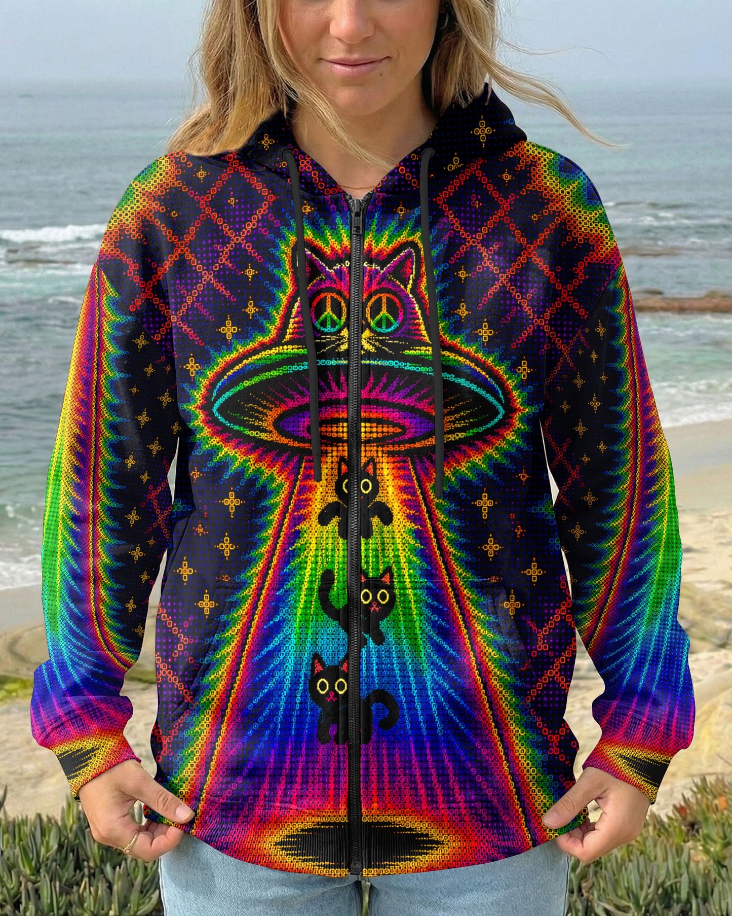 COSMIC CAT ABDUCTION PSYCHEDELIC RAINBOW BEAM ALL OVER PRINT - KMTM0805261