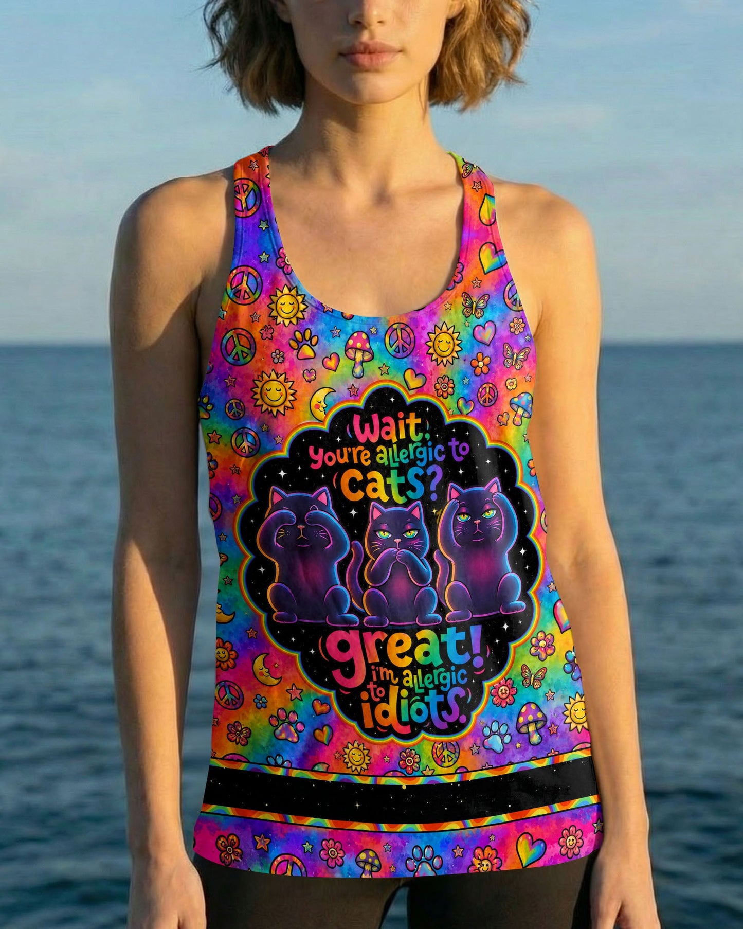 ALLERGIC TO IDIOTS THREE WISE CATS  PSYCHEDELIC ALL OVER PRINT - KMTM2206261