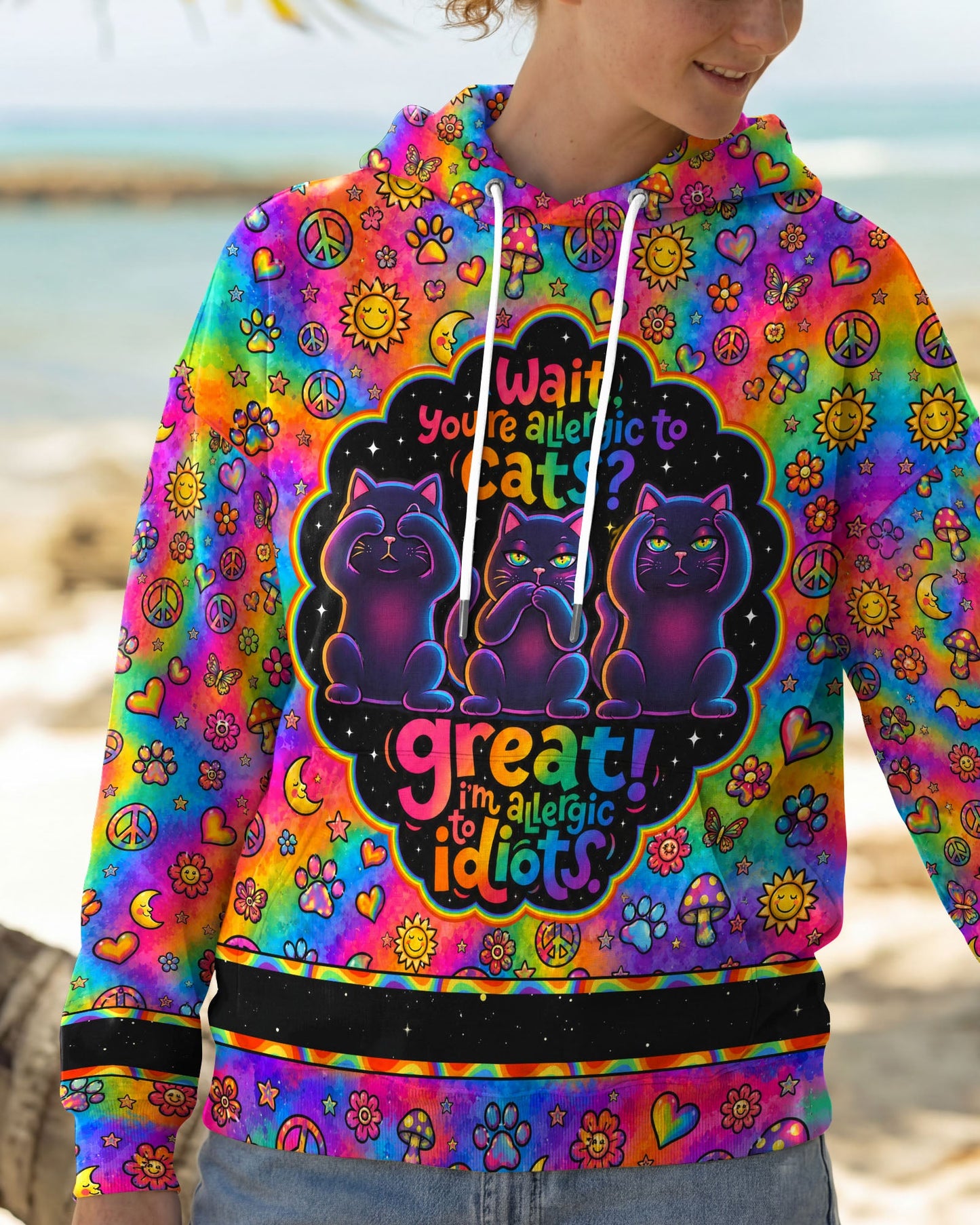 ALLERGIC TO IDIOTS THREE WISE CATS  PSYCHEDELIC ALL OVER PRINT - KMTM2206261