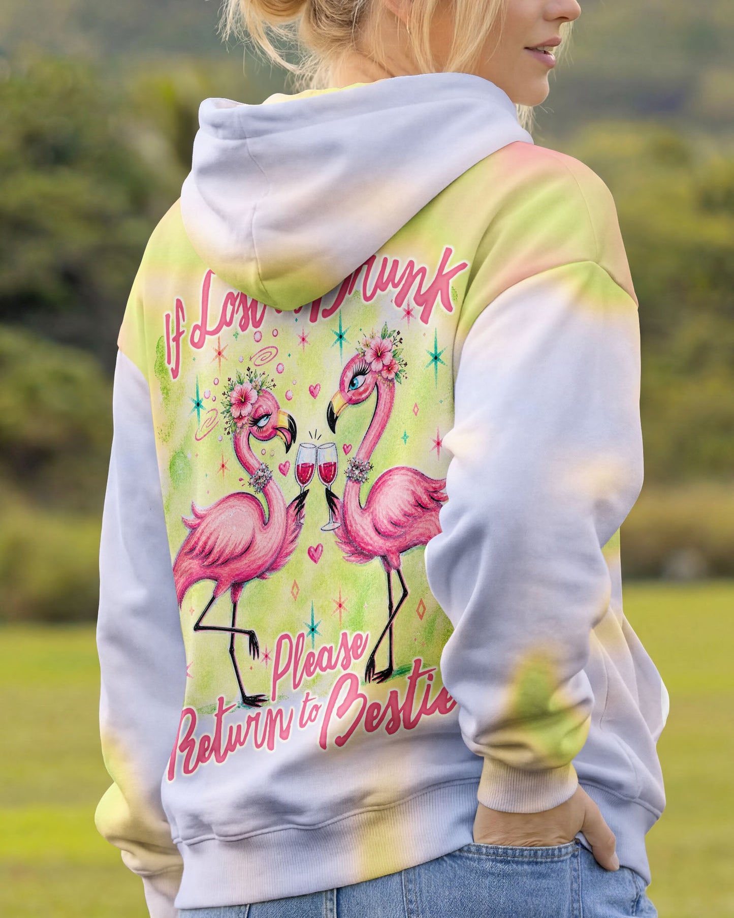 IF LOST OR DRUNK PLEASE RETURN TO BESTIE FLAMINGO ALL OVER PRINT – RI0605261