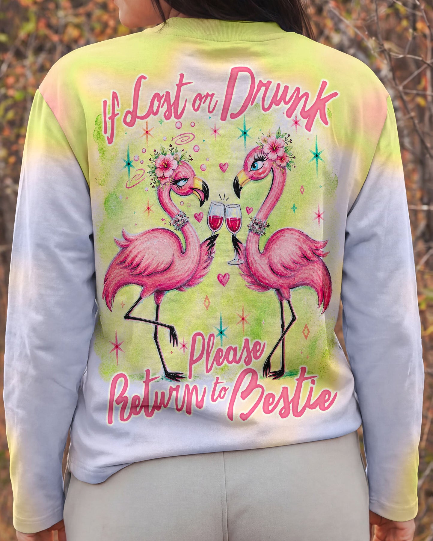 IF LOST OR DRUNK PLEASE RETURN TO BESTIE FLAMINGO ALL OVER PRINT – RI0605261
