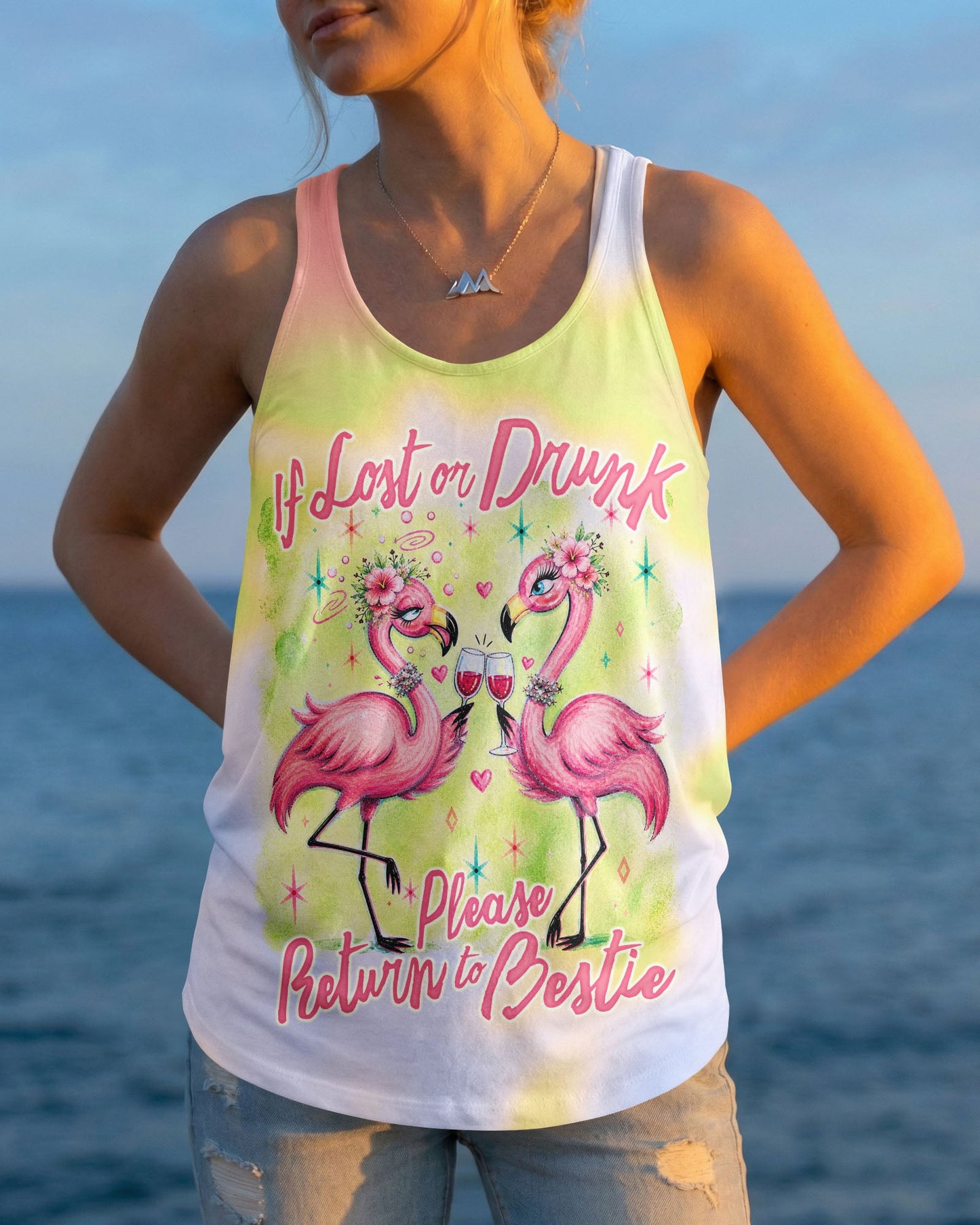 IF LOST OR DRUNK PLEASE RETURN TO BESTIE FLAMINGO ALL OVER PRINT – RI0605261