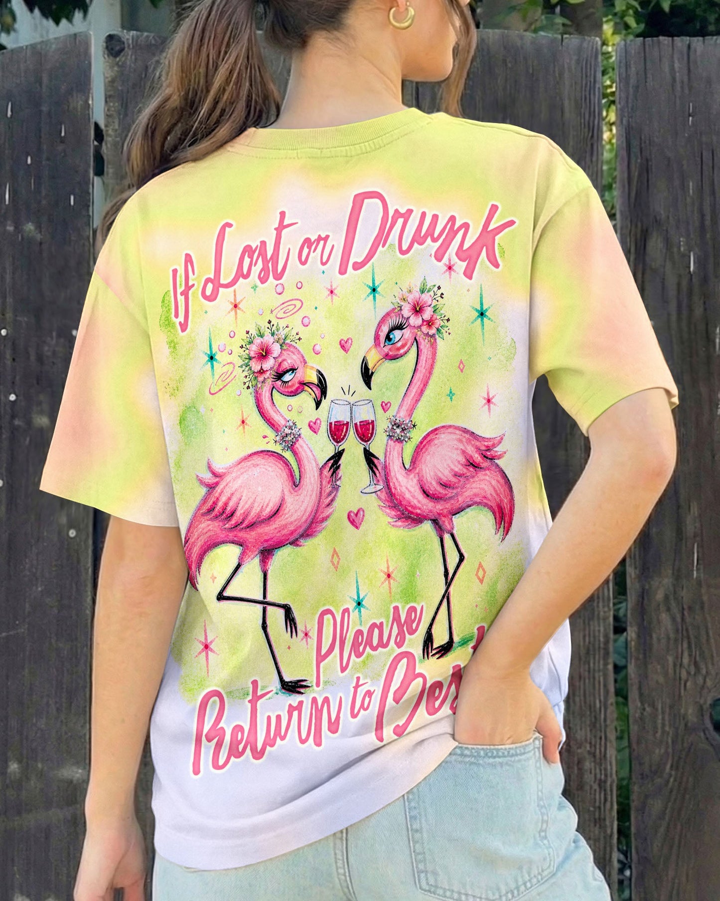 IF LOST OR DRUNK PLEASE RETURN TO BESTIE FLAMINGO ALL OVER PRINT – RI0605261