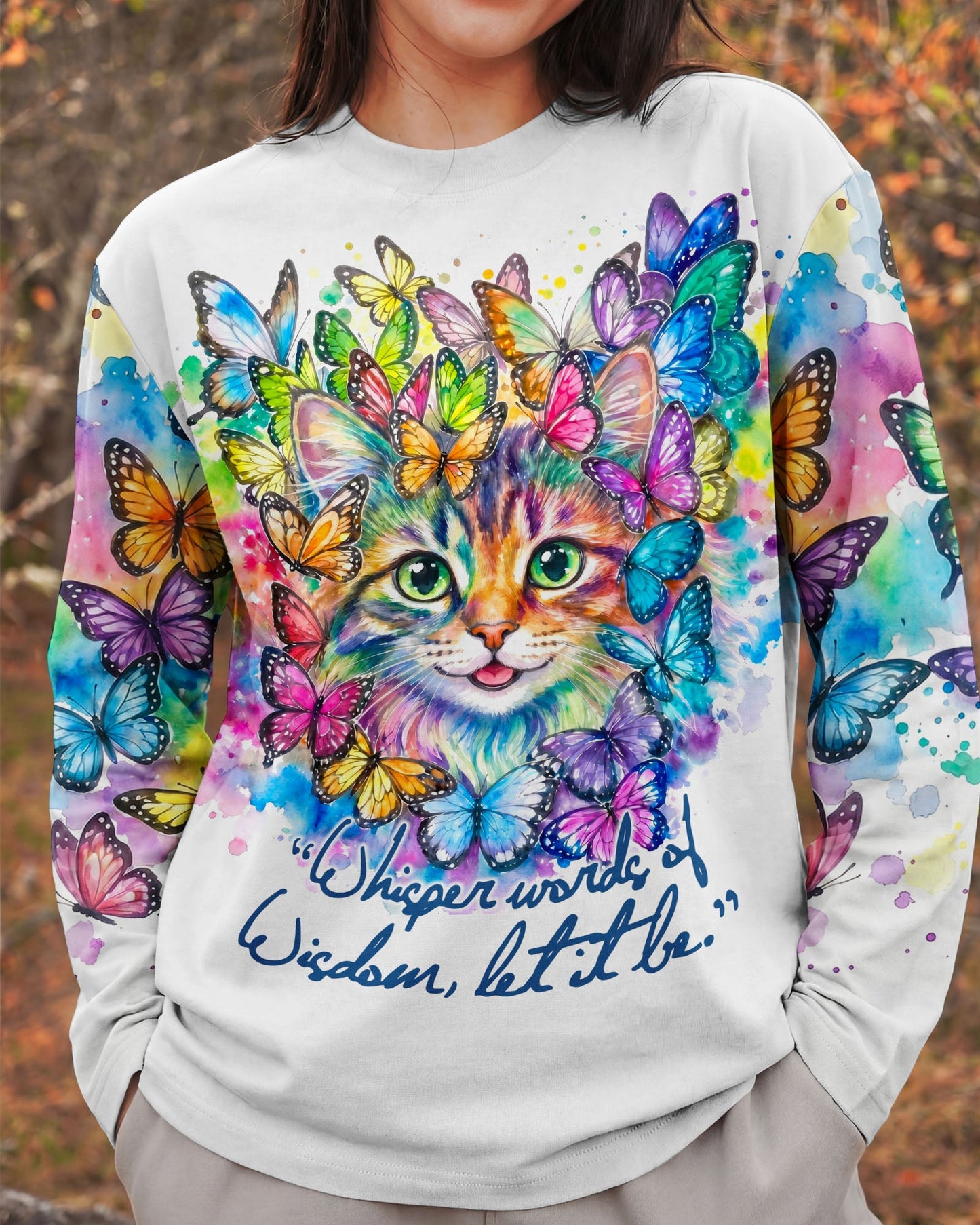 WHISPER WORDS OF WISDOM BUTTERFLY CAT WATERCOLOR ALL OVER PRINT - RI1505261