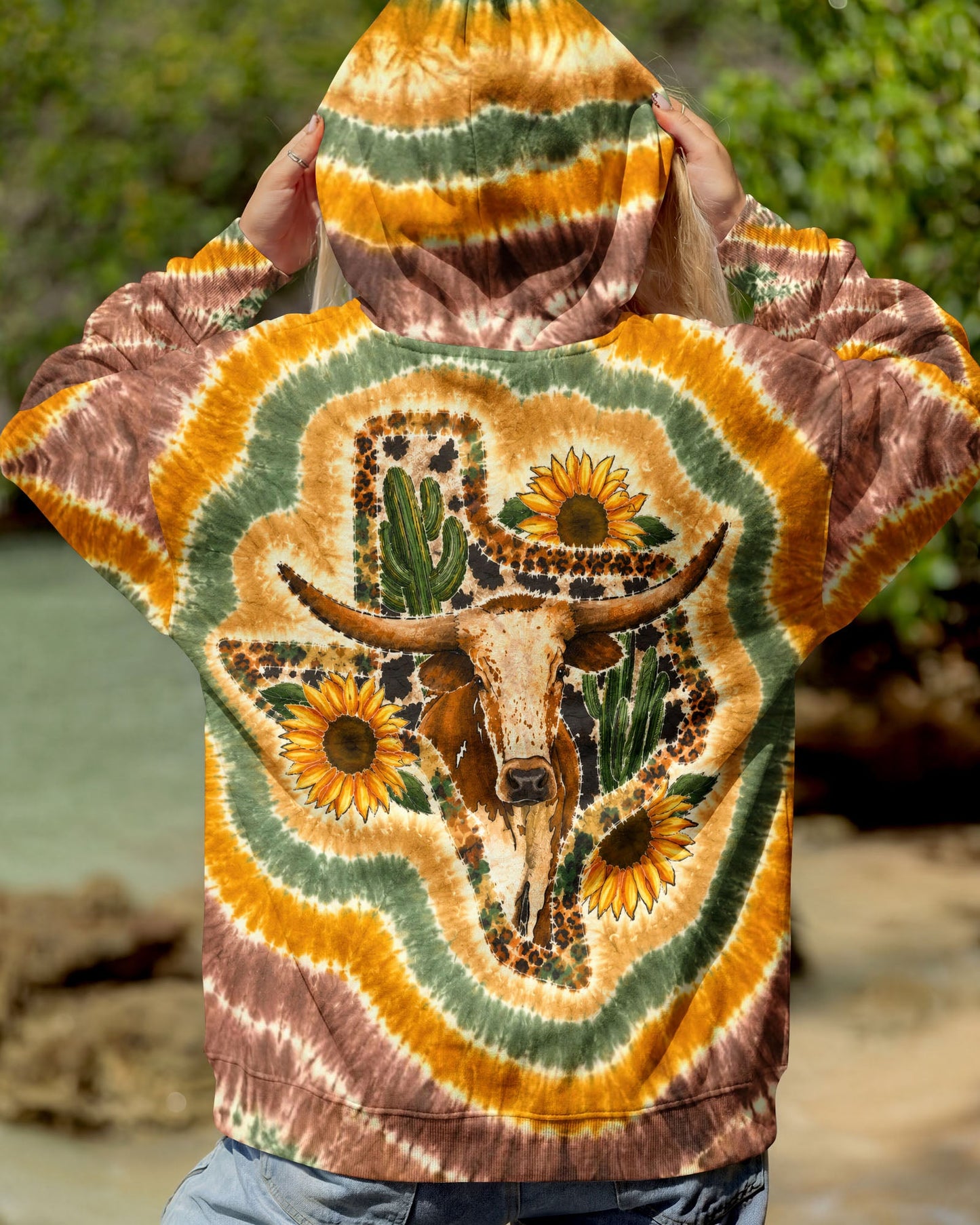 LONGHORN SUNFLOWER TEXAS MAP SWIRL ALL OVER PRINT   - TLHN2906261