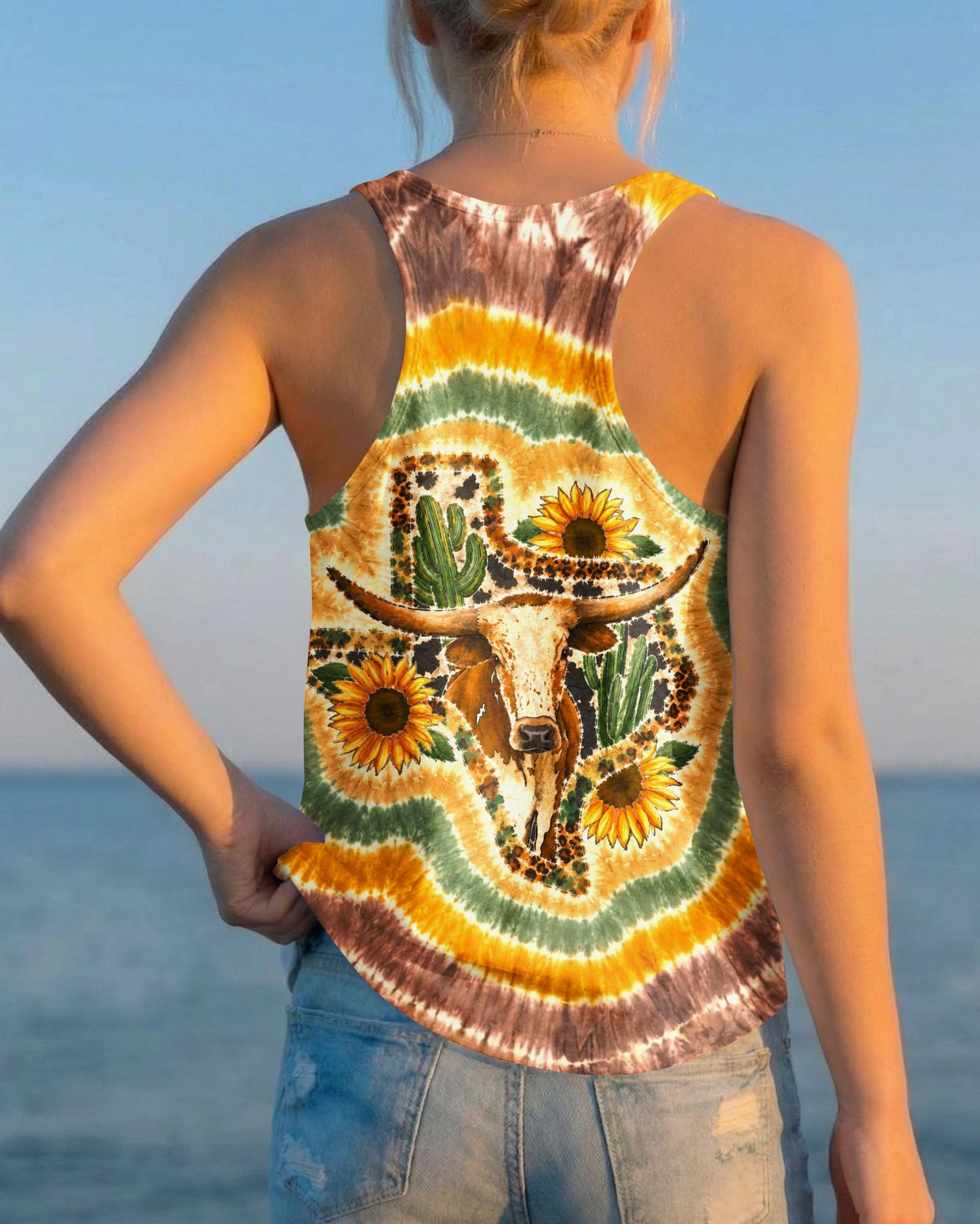 LONGHORN SUNFLOWER TEXAS MAP SWIRL ALL OVER PRINT   - TLHN2906261