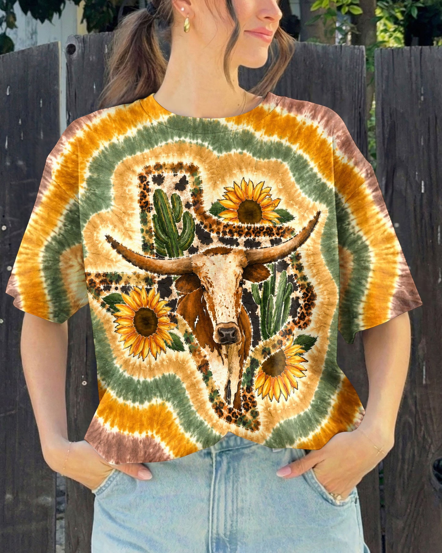 LONGHORN SUNFLOWER TEXAS MAP SWIRL ALL OVER PRINT   - TLHN2906261