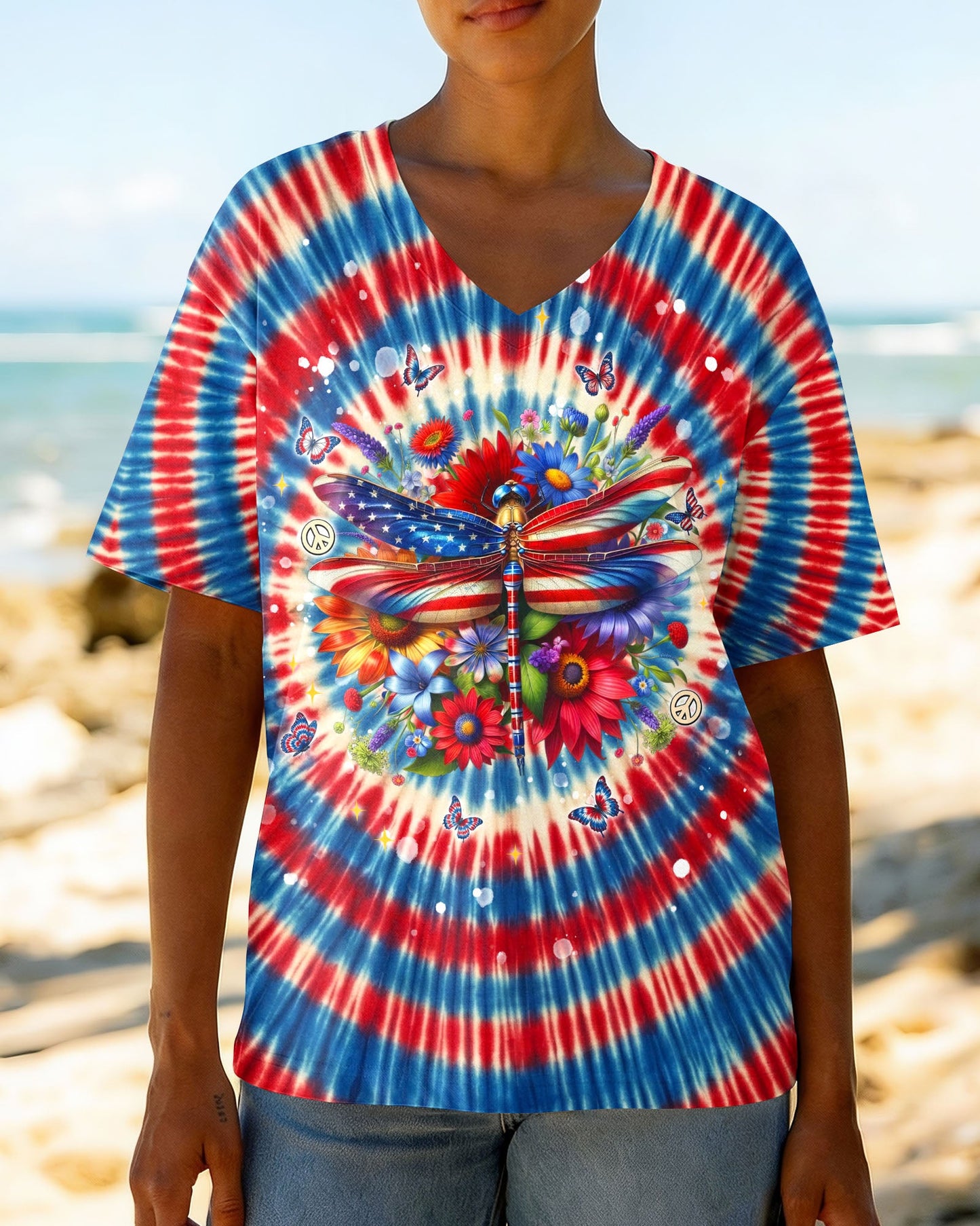 JUST BREATHE DRAGONLY  FLORAL RED WHITE & BLUE SWIRL ALL OVER PRINT  - TLNT0904263