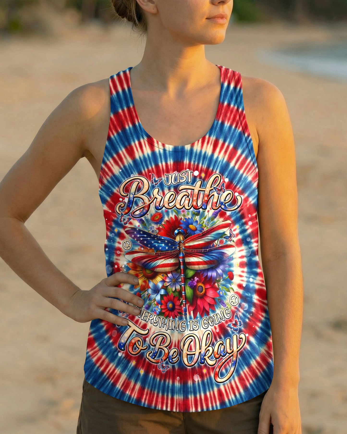 JUST BREATHE DRAGONLY  FLORAL RED WHITE & BLUE SWIRL ALL OVER PRINT  - TLNT0904263