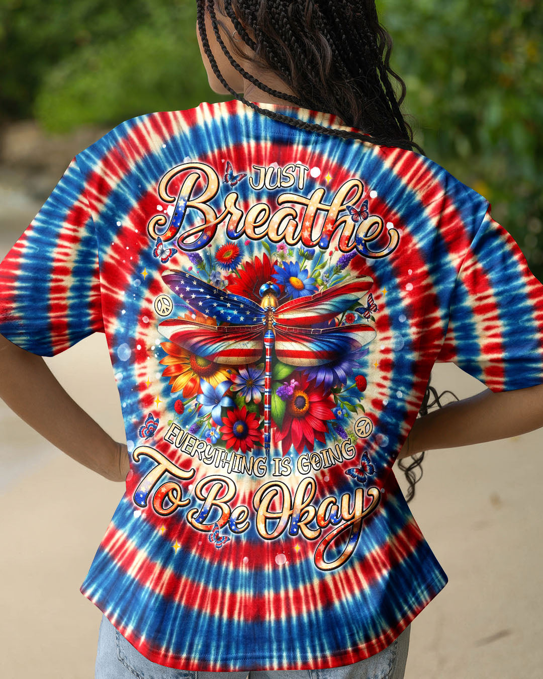 JUST BREATHE DRAGONLY  FLORAL RED WHITE & BLUE SWIRL ALL OVER PRINT  - TLNT0904263