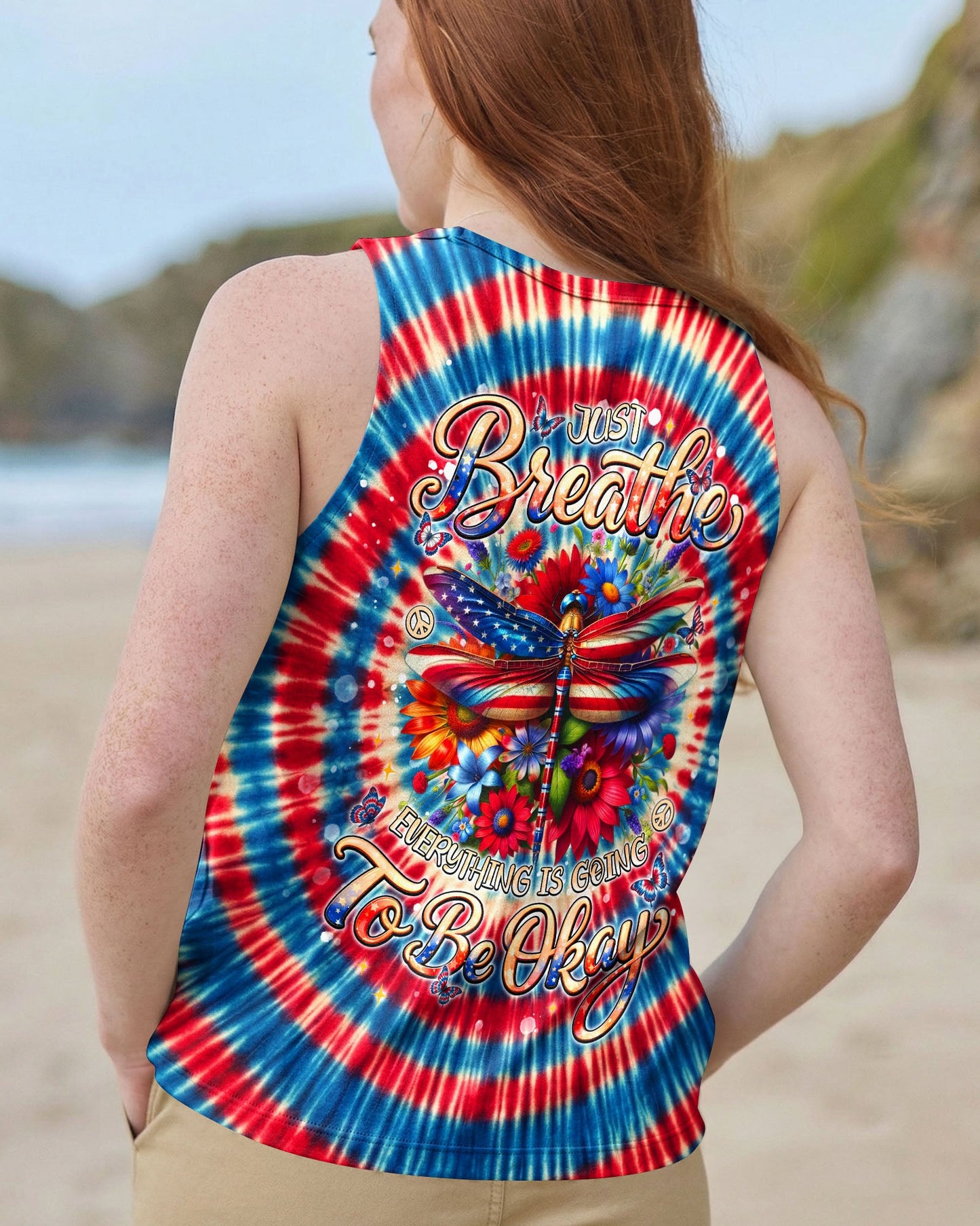 JUST BREATHE DRAGONLY  FLORAL RED WHITE & BLUE SWIRL ALL OVER PRINT  - TLNT0904263