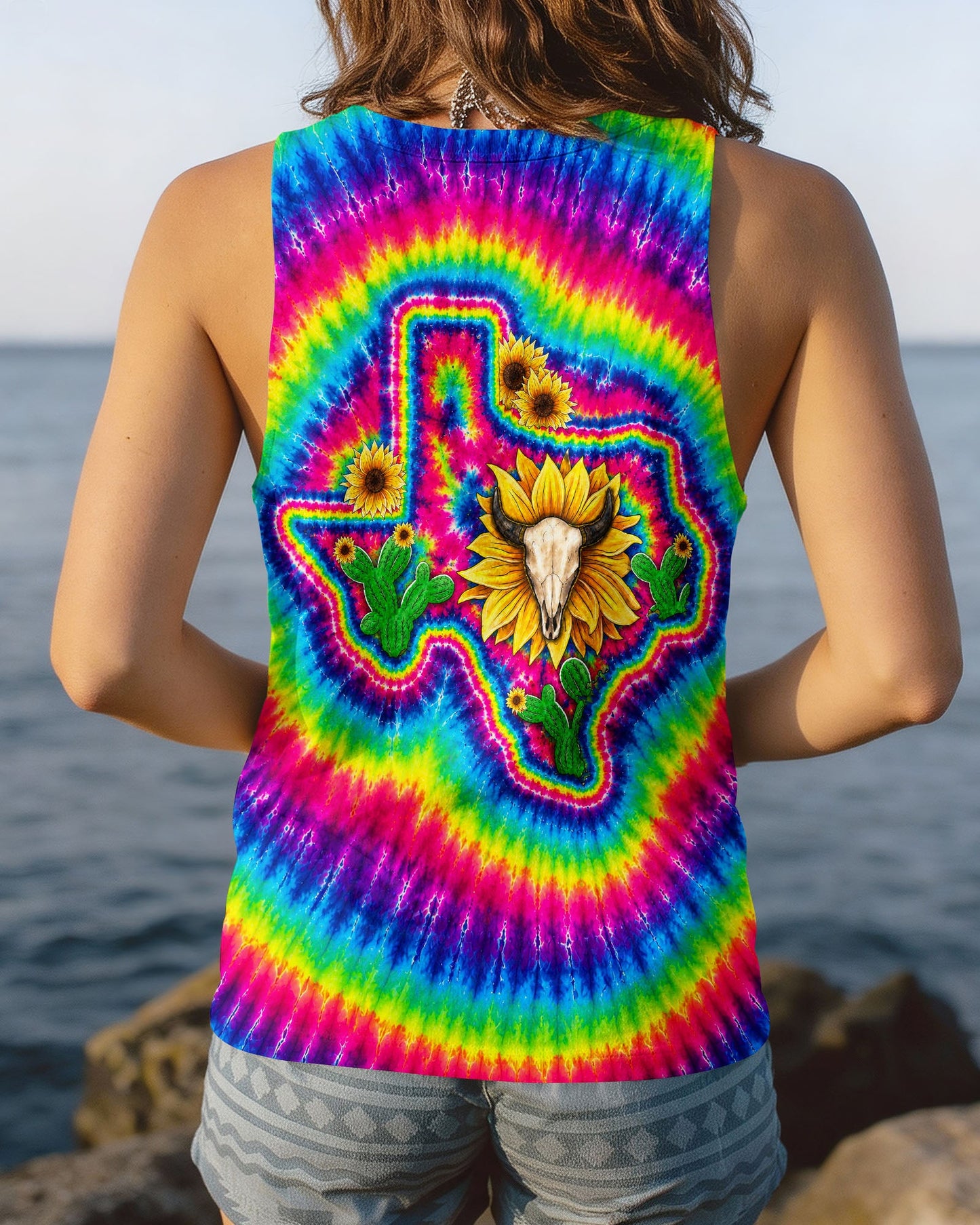 BULL SKULL TEXAS MAP COLORFUL SWIRL ALL OVER PRINT - TLNT2606262